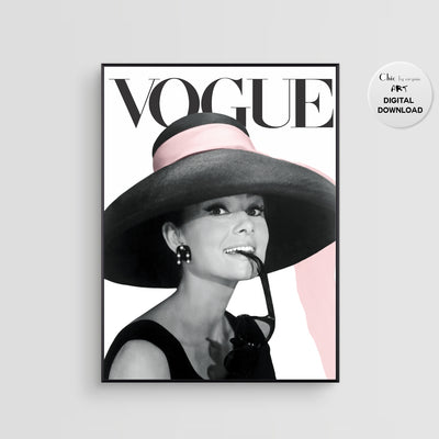 Audrey Hepburn Poster - Vogue Poster - Fashion Wall Art - Audrey Hepburn Pink Hat - Tiffany style -  Fashion Icon - Digital Art - Fashion Home Decor
