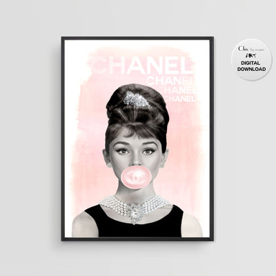 CHANEL Poster/Print - Audrey Hepburn Bubblegum Poster - Fashion Wall Art - Fashion Icon - Digital Art - Fashion Home Decor