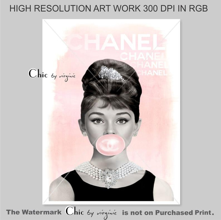 CHANEL Poster/Print - Audrey Hepburn Bubblegum Poster - Fashion Wall Art - Fashion Icon - Digital Art - Fashion Home Decor